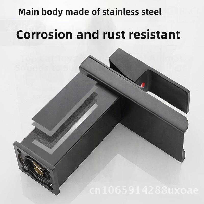 Black Copper Core Waterfall Faucet for Wash Basin Bathroom Toilet Modern Stainless Steel Hot And Cold Mixed Basin Tap
