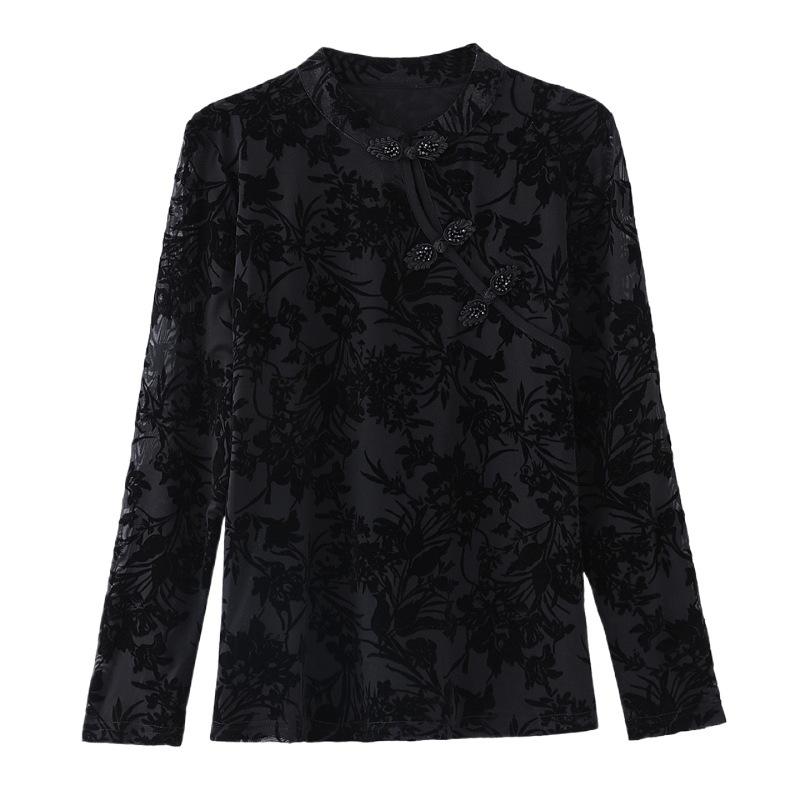 New Chinese Style Buckle Plus Velvet Autumn and Winter Base Shirt for Women Black Shirt T-shirt Warm Flocking Mesh Mother Top