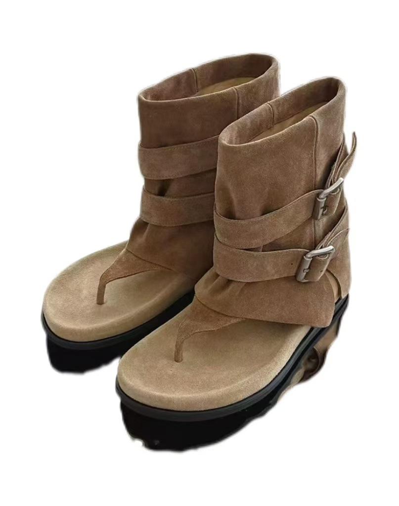 

French toe Martin boots women s 2025 summer new versatile flat-bottomed cool boots retro belt buckle medium boots 35