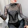 Damen Modisches Design mit Mesh-Zebramuster-Oberteil mit Langarm-T-Shirt