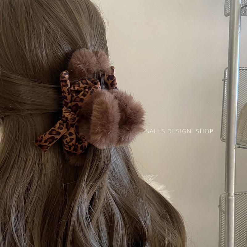 Korean Leopard Print Bow Plush Claw Clip - Stylish Hair Accessory