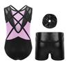 Girls 3 Piece Dance Set Crisscross Back Leotard Round Neck Sleeveless Shiny Rhinestones Metallic Shorts Headwear