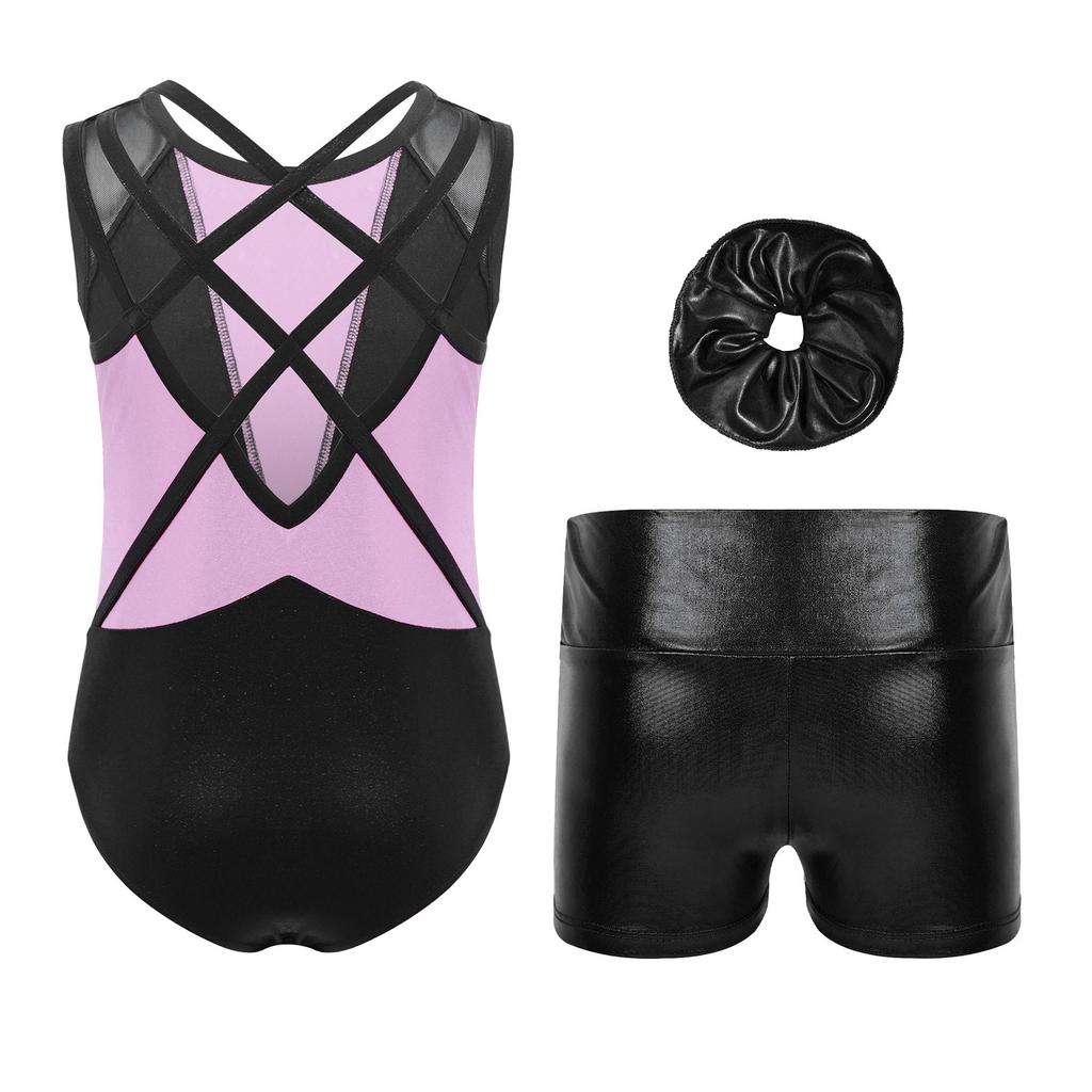Girls 3 Piece Dance Set Crisscross Back Leotard Round Neck Sleeveless Shiny Rhinestones Metallic Shorts Headwear