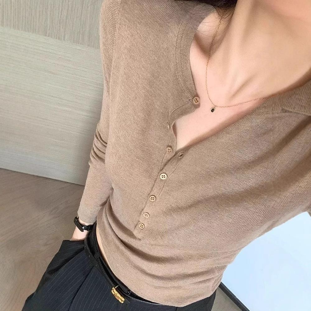 Women's Slim Fit Solid Knit Pullover with Tie-Knot Collar - Casual Imitation Wool Base Layer for Autumn