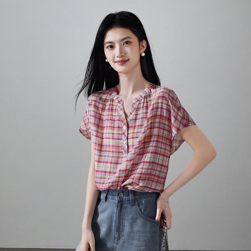 SOFSIL Women s 100% Silk Plaid Short-Sleeved Blouse L