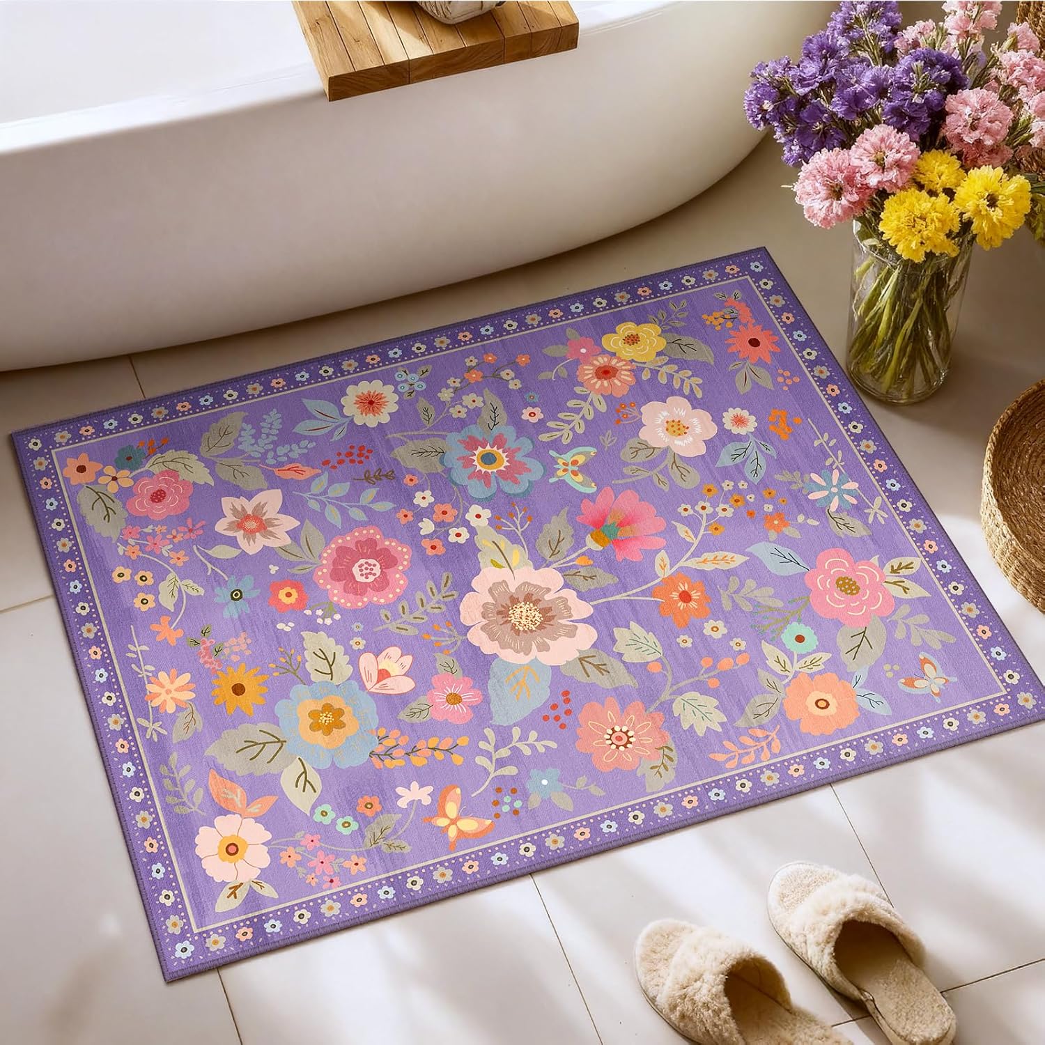 

Floral Pattern Printed Carpet Mat Retro Printed Foot Mat Suitable for Kitchen Balcony Bedroom Entrance Foot Mat Home Decoration 60cm x 90cm
