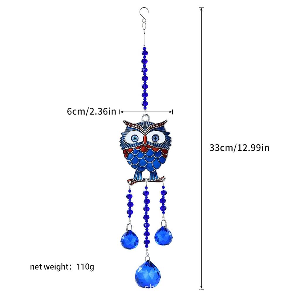 Decorative Owl Crystal Suncatcher with Blue Evil Eye Design and Glass Beads, Hanging Window Ornament (1 Owl)