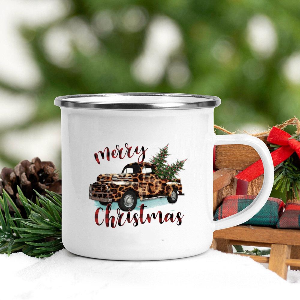 Christmas Tree Deer Truck Print Enamel Mugs Coffee Cups Christmas Party Dessert Hot Cocoa Chocolate Cup Gifts for Friends Family