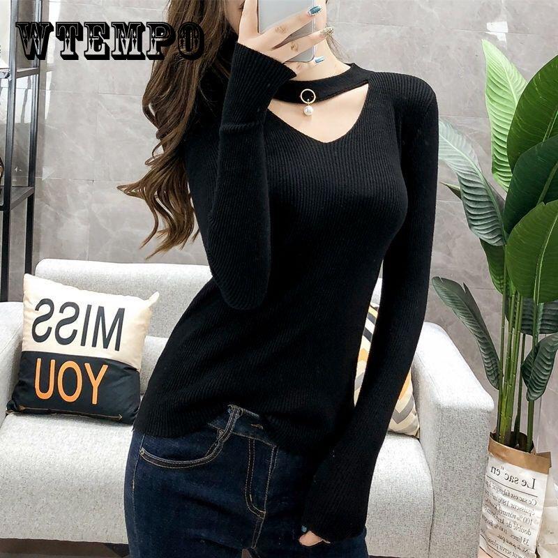 

Дикий свитер с длинным рукавом и высоким воротником, вязаный свитер, женская осенне-зимняя нижняя рубашка, вязаные топы