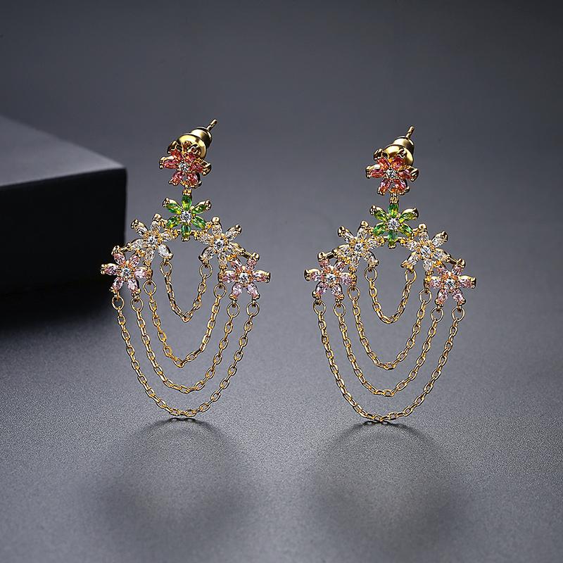 LUOTEEMI Fashionable Rainbow Bling Earrings for Women Colorful Flower Drop Earring Jewelry