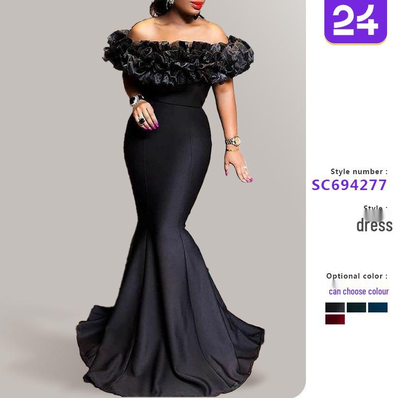 2025 Off-Shoulder Slim-Fit Ruffle Knit Dress with Small Train, European and American Style