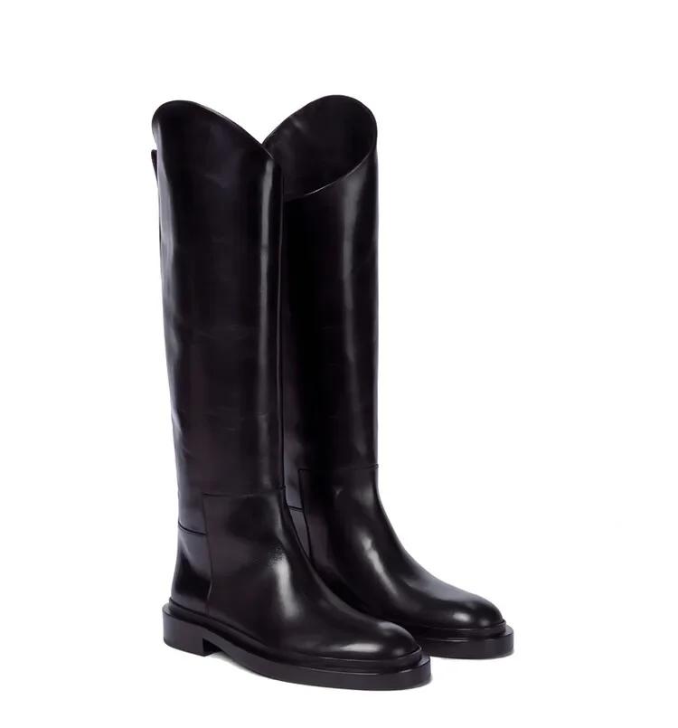 European and American Ladies Fashion Round Toe Knee Length Flat Leather Boots, Size 34-46 Women's Knight Boots