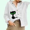 Women Fashion Turn-down Collar Shirt Casual Cat Print Cotton Linen Top Ladies Button-down Blouse