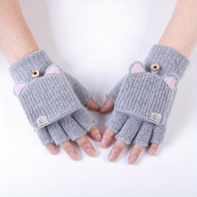 1 Paar Damen Winter Niedliche Katzenohr Halbfinger Klapphandschuhe - Weiche Winddichte Warme Handschuhe