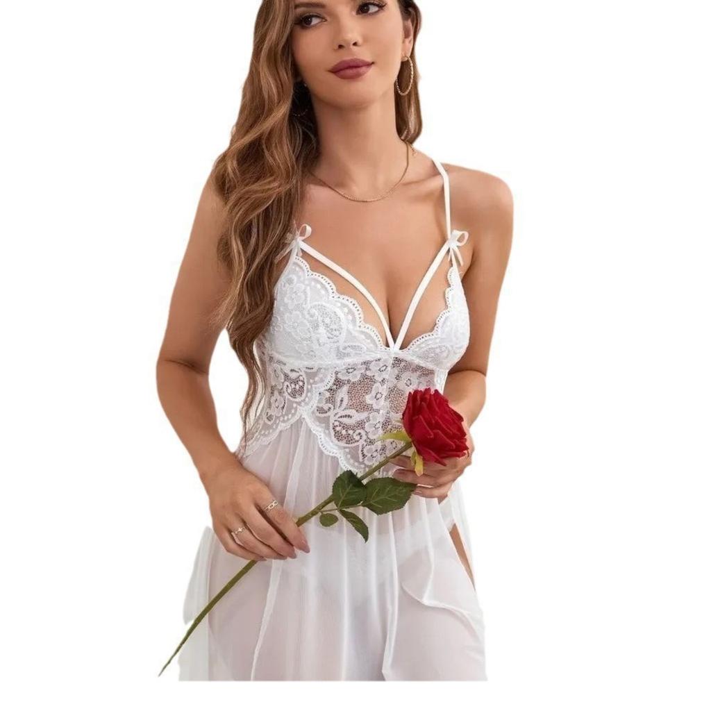 Europe And The United States Love Interest Lingerie Sexy Mesh See-through Pajamas Lace Embroidery Sling Nightgown Female Open Breasts Long Skirt