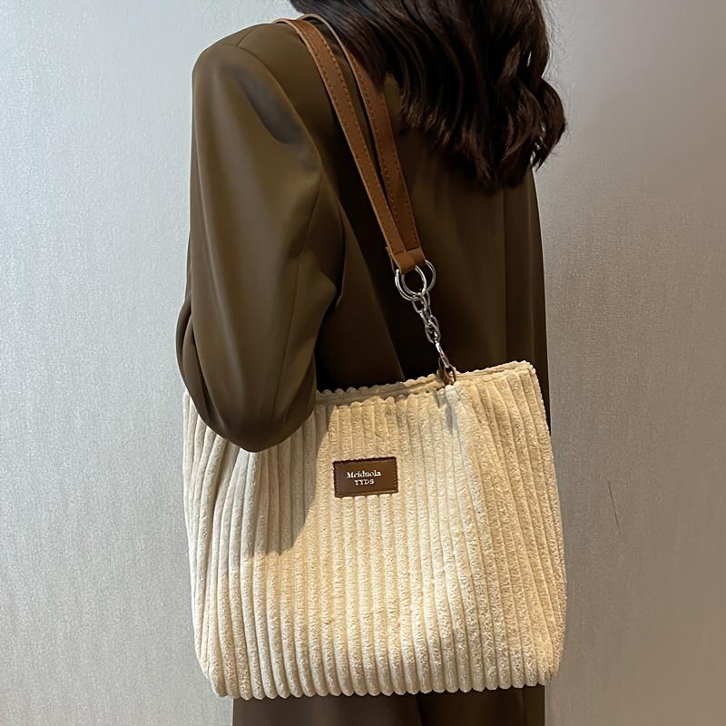 Vintage Corduroy Solid Color Shoulder Bag, Suitable for Autumn and Winter Seasons, Large Capacity, Lightweight Ideal for Shopping, Travel