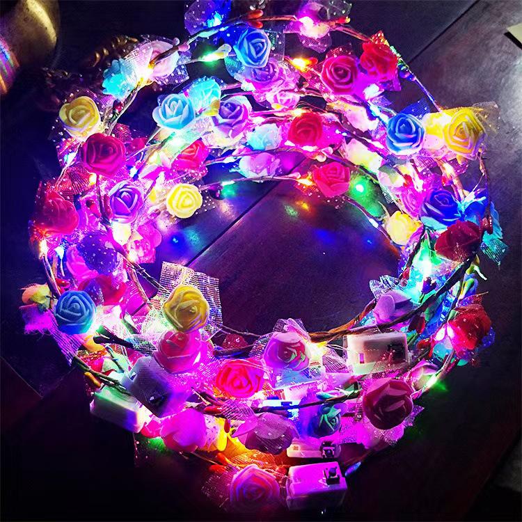 LED Light-Up Princess Headband: Colorful Feather Rabbit Ears with Glittering Gold Wire Garland
