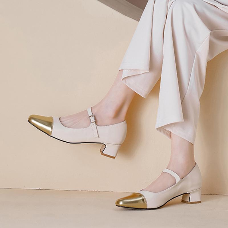 Mode eckige Zehenpartie Goldleder Patchwork mittelhohe Absätze Schuhe Frau dicker Absatz Knöchelriemen Pumps bequem Mary Janes Schuhe für Frau