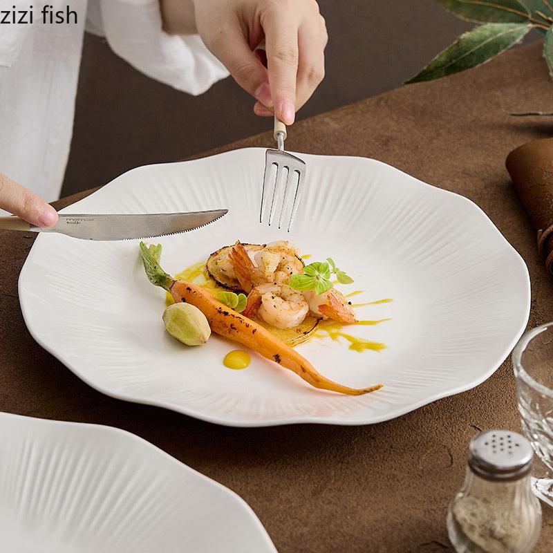 Kreativní pruhovaný keramický plochý talíř s lotosovým listem, restaurace, steakový talíř, dezertní talíř na těstoviny, molekulární kuchyně, speciální nádobí