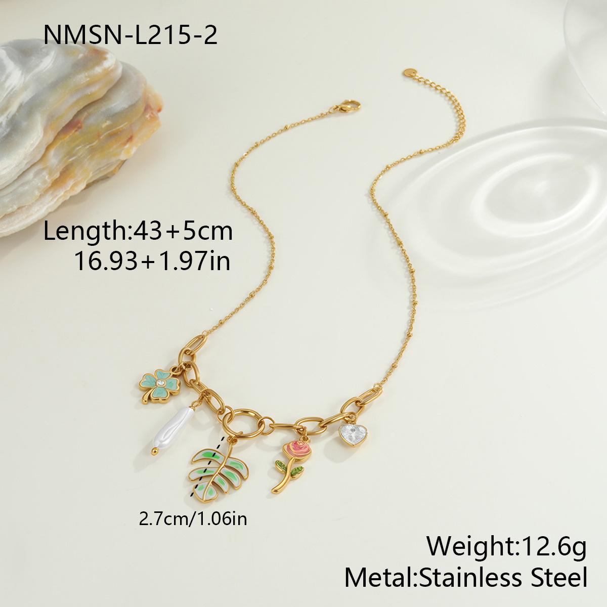 GEMCHIC Women s Gold Stainless Steel Enamel Rose & Monstera Leaf Pendant Necklace Multi-Element Chain Choker