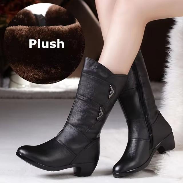 Fashion GKTINOO Women Ladies Female Mother Genuine Leather Mid Calf Boots Shoes Winter Plush Fur Warm Botas Zipper Plus Size 41 42