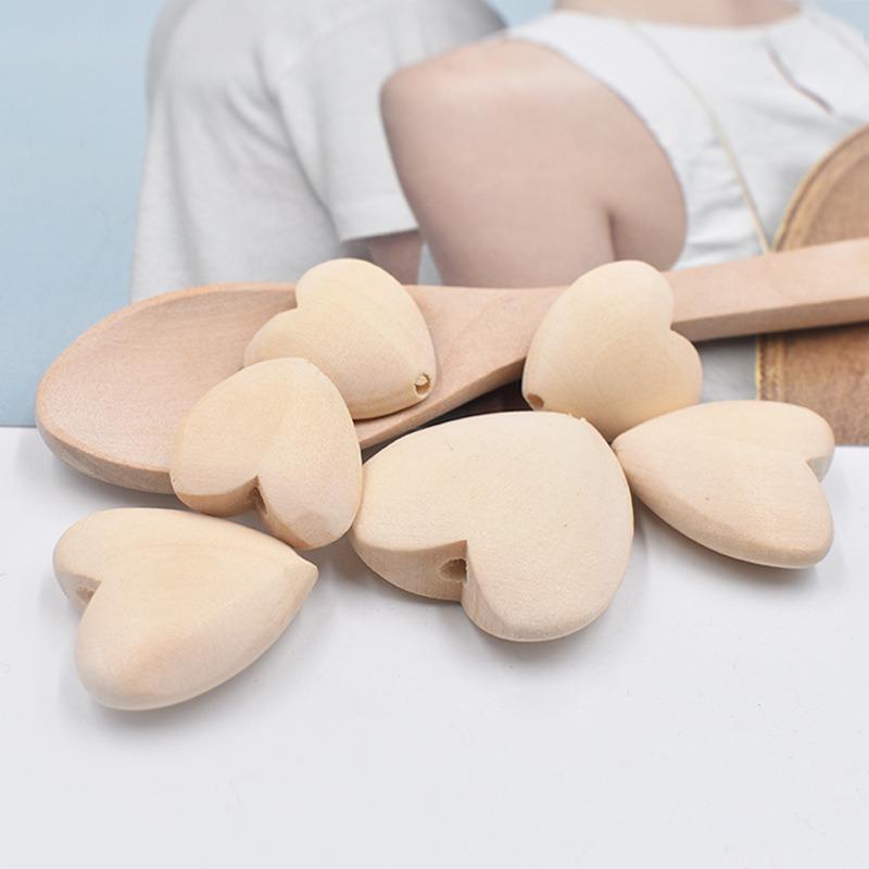 10PCS 20-40MM Natural Unfinished Wood Heart Beads Blank Unpainted Wooden Loose Spacer Beads for Jewelry Crafts Making