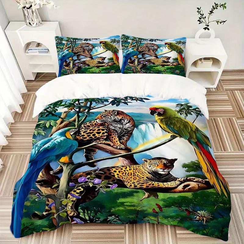 3pcs Anime Leopard & Parrot Bedding Set, Includes One Quilt Cover and Two Pillowcases (No Core), Polyester Fabric