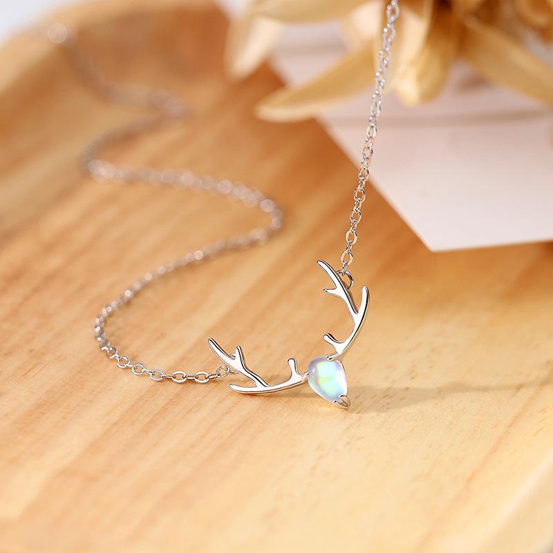 Colorful Moonstone Elk Antler Sterling Silver Necklace - Forest Style Christmas Gift