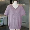 Women Plus Size V‑Neck Short Sleeve Knit Top Rhinestone Beaded Casual Knitted Sweater
