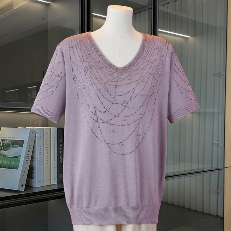 Women Plus Size V‑Neck Short Sleeve Knit Top Rhinestone Beaded Casual Knitted Sweater