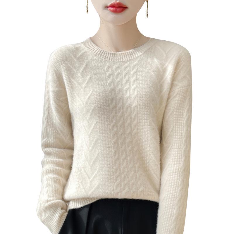 Women's Pure Wool Cable Knit Pullover - Thick Autumn/Winter Round Neck, Loose Fit Cashmere Sweater