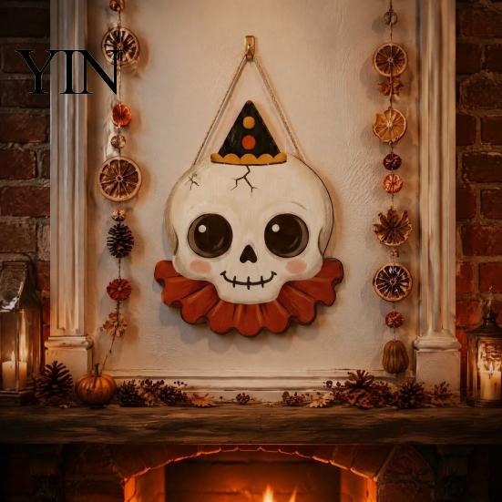 Outdoor Ghost Door Decorations Halloween Wooden Hanging Pendant with Lanyard, Retro Ghost/Pumpkin/Skull/Black Cat Black Wall Art for Front Porch Party