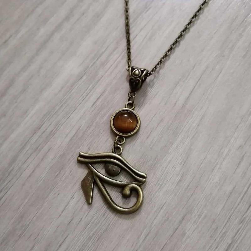 Ancient Egyptian Horus Eye Natural Tiger Eye Stone Pendant Necklace for Women Halloween Party Pagan Witchcraft Gothic Jewelry