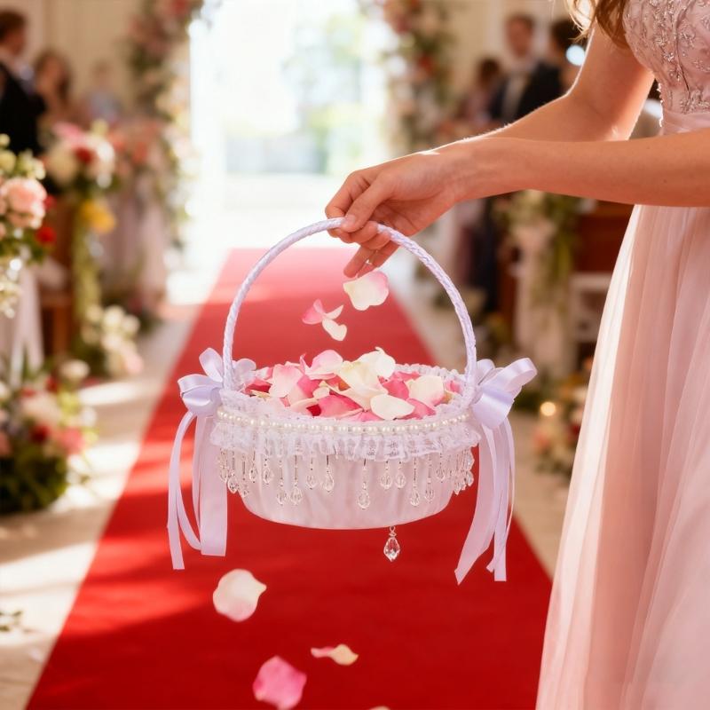 Elegant Crystal Pearls Tassels Basket For Wedding Party Decorations Handcrafted Floral Container With Silk Fabric