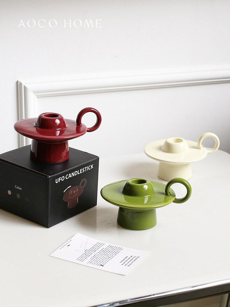 European Candle Ceramic Holder with Round Handle  Aromatherapy Candle Stand Seat,Burning Home Decoration Desktop Ornament