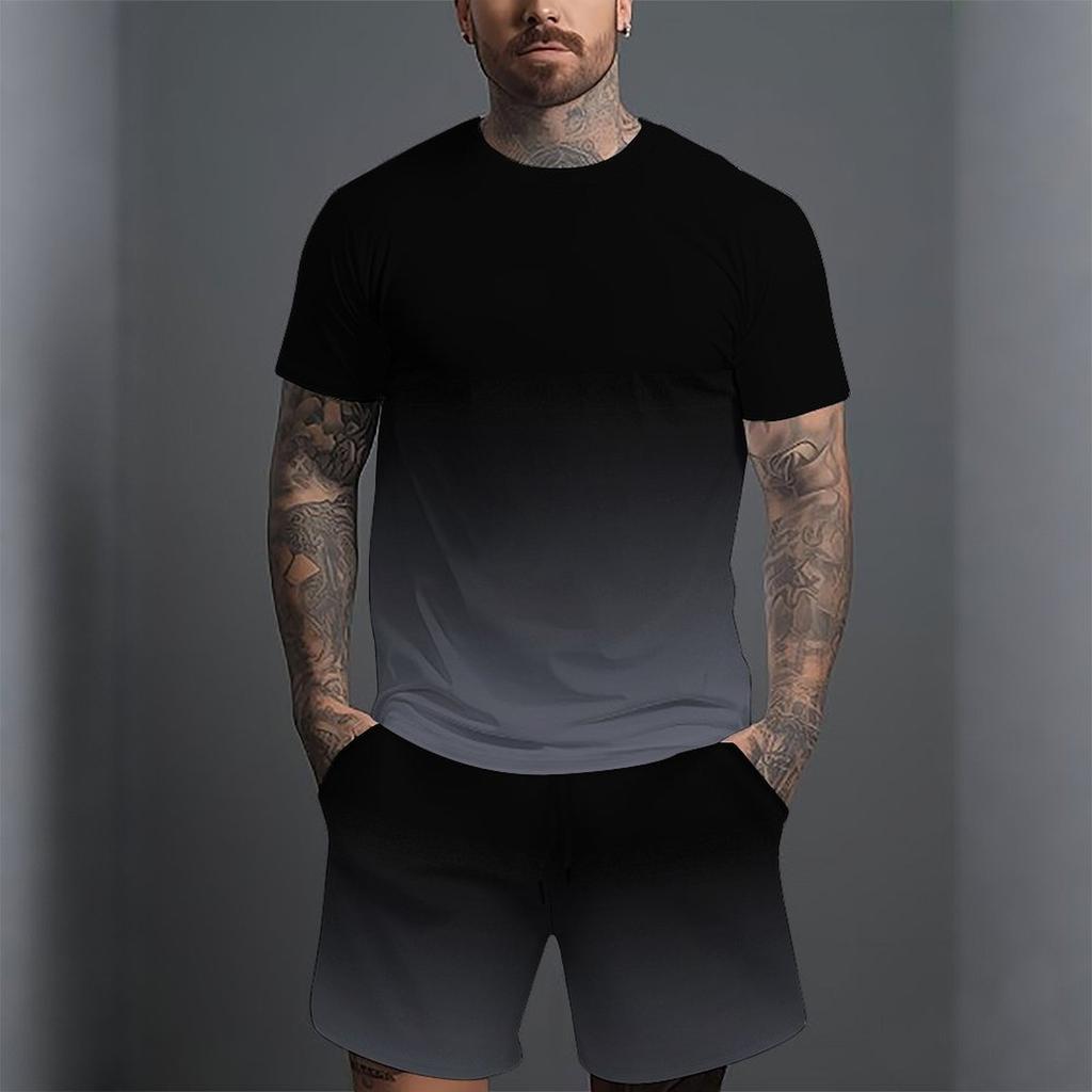 Men Black Grey Gradient Short Sleeve T Shirt And Matching Knee Shorts Two Piece Outfit