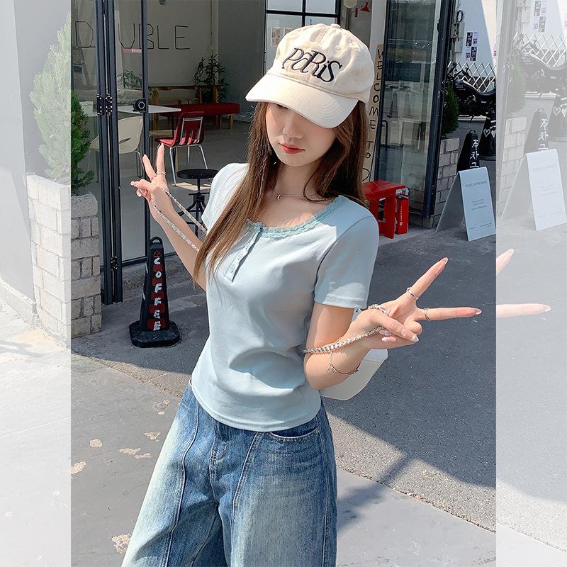 Pure Lace Edge U-neck Short-sleeved T-shirt Women's Summer New Clavicle Button Slim-fitting Bottom Top