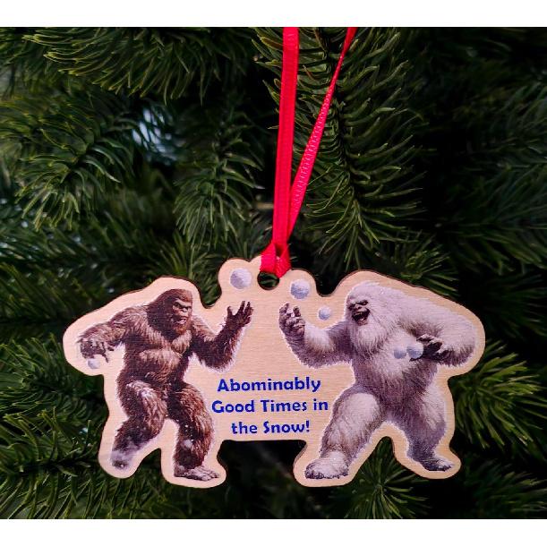 Bigfoot & Yeti Snowball Fight Ornament – Birch Wood Holiday Decoration – Fun Cryptid
