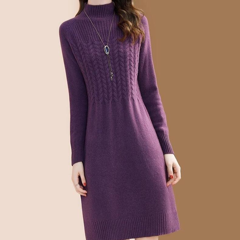 Fashionable Sweater Dress for Women Versatile Semi-high-neck Knitted Base Dress Casual Pullover