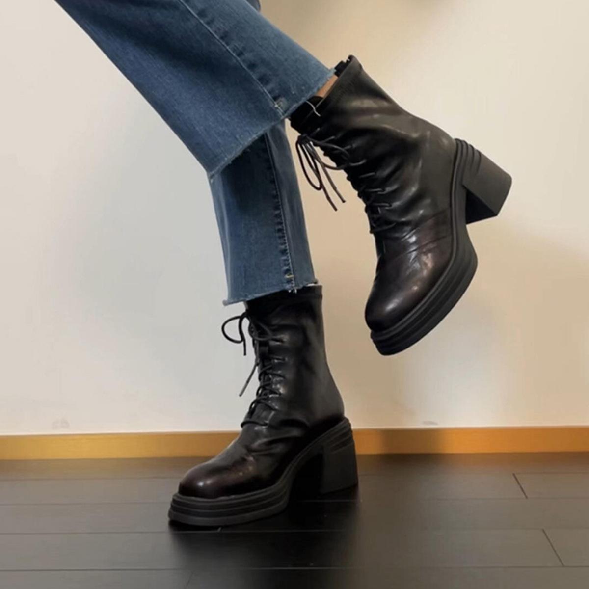 

Blue Cabinet Edition~ Retro British Style Small Man Height Increasing Thick-soled Martin Boots Women s Leather Rear Zipper Versatile Small Short Boots 40 чёрный