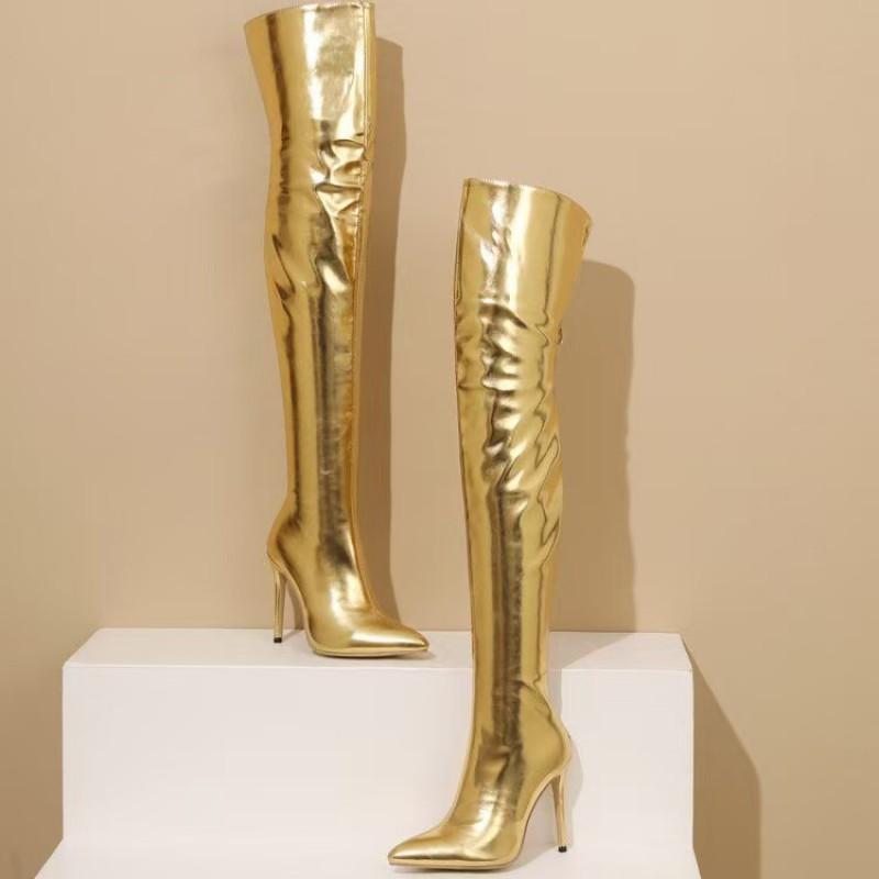Metallische Over-the-Knee-Stiefel Damen Spitz zulaufende Spitze Stilettoabsatz Große Größen Mode