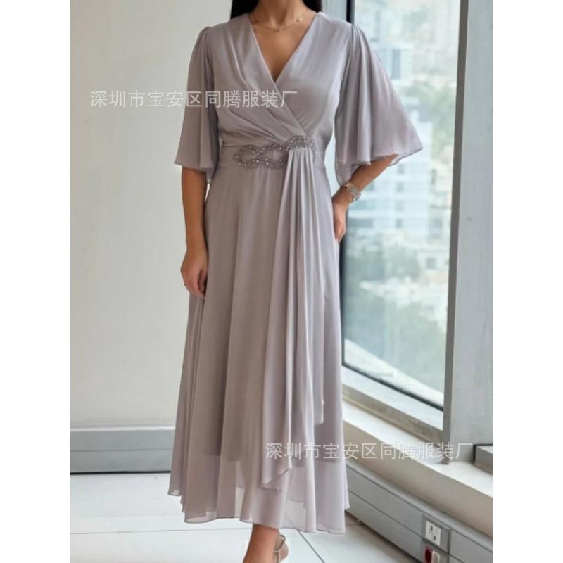Nouvelle robe midi et longue en mousseline unie, sexy, à taille cintrée et col en V pour femmes