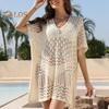 Women's Mesh Crochet Swimwear Cover-Up V-Neck Short Sleeve Hollow Out Beachwear Loose Fit Bikini Cover Up Dress for Vacation Travel
