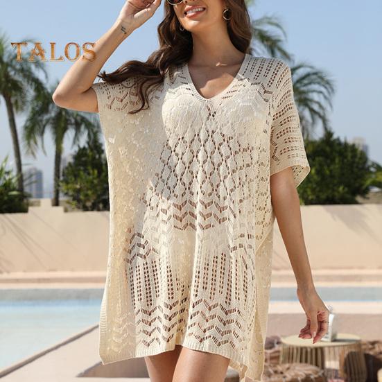 Women's Mesh Crochet Swimwear Cover-Up V-Neck Short Sleeve Hollow Out Beachwear Loose Fit Bikini Cover Up Dress for Vacation Travel