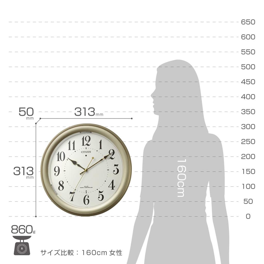 RHYTHM Citizen Wall Automatic Light CITIZEN Clock, Radio-Controlled, Function, Gold, 31.3x5cm, 4MYA36-065