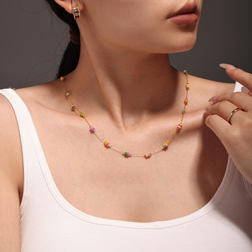 Qiong Yao Handmade Double Layer Stainless Steel Necklace with Colored Natural Stones for Women - Sweet, Light Luxury Feel