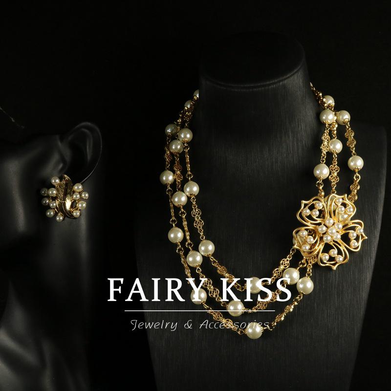 Vintage Floral Pearl Jewelry Set: Elegant Multi-layer Necklace & Earrings