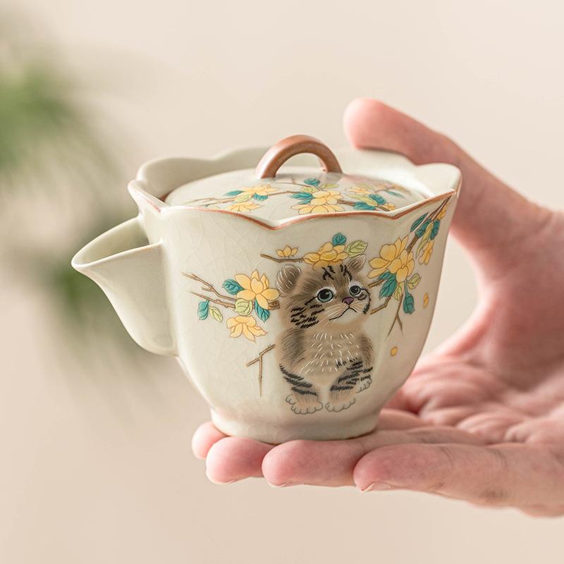 Hand Drawn Yellow Flower Cute Cat Ru Kiln Teapot Chinese High-end Kung Fu Tea Set Tea Making for Home Use Hand-held Teapot
