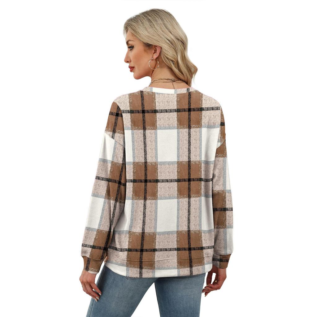 Women's Loose Plaid Pullover Sweatshirt, Long Sleeves, Neck Top