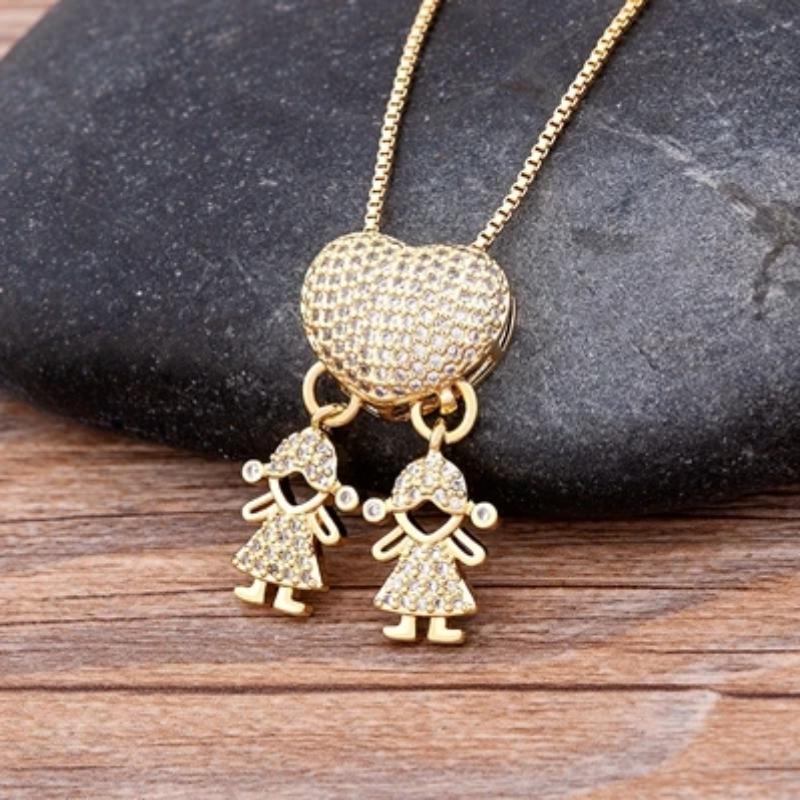 Moda Figlio Figlia Cuore Colore Oro Zirconia Cubica Famiglia Ragazza Ragazzo Ciondolo Collana Catena in Rame Gioielli Per Regalo Madre